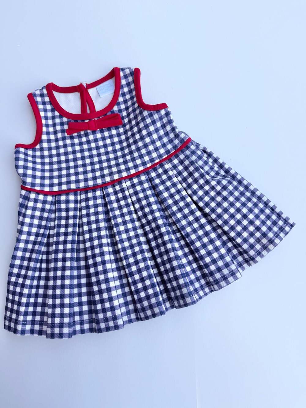 Edgehill Collection Baby Girls Navy Gingham Pleated Dress with Red Trim